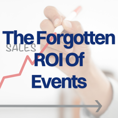 Graphic reading "The Forgotten ROI Of Events" over a hand drawing a rising sales chart